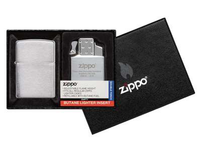 Набор ZIPPO: зажигалка 200 с покрытием Brushed Chrome и газовый вставной блок с двойным пламенем под нанесение логотипа