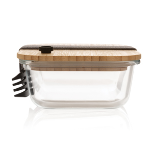 Стеклянный контейнер для еды с бамбуковой крышкой под нанесение логотипа