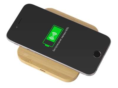 USB-хаб с беспроводной зарядкой из бамбука Plato, 5 Вт под нанесение логотипа