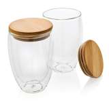 Набор стаканов из боросиликатного стекла с двойными стенками и бамбуковой крышкой, 350 мл, 2 шт. фото
