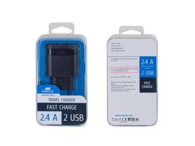 Сетевое зарядное устройство, 2 USB/2.4 A под нанесение логотипа